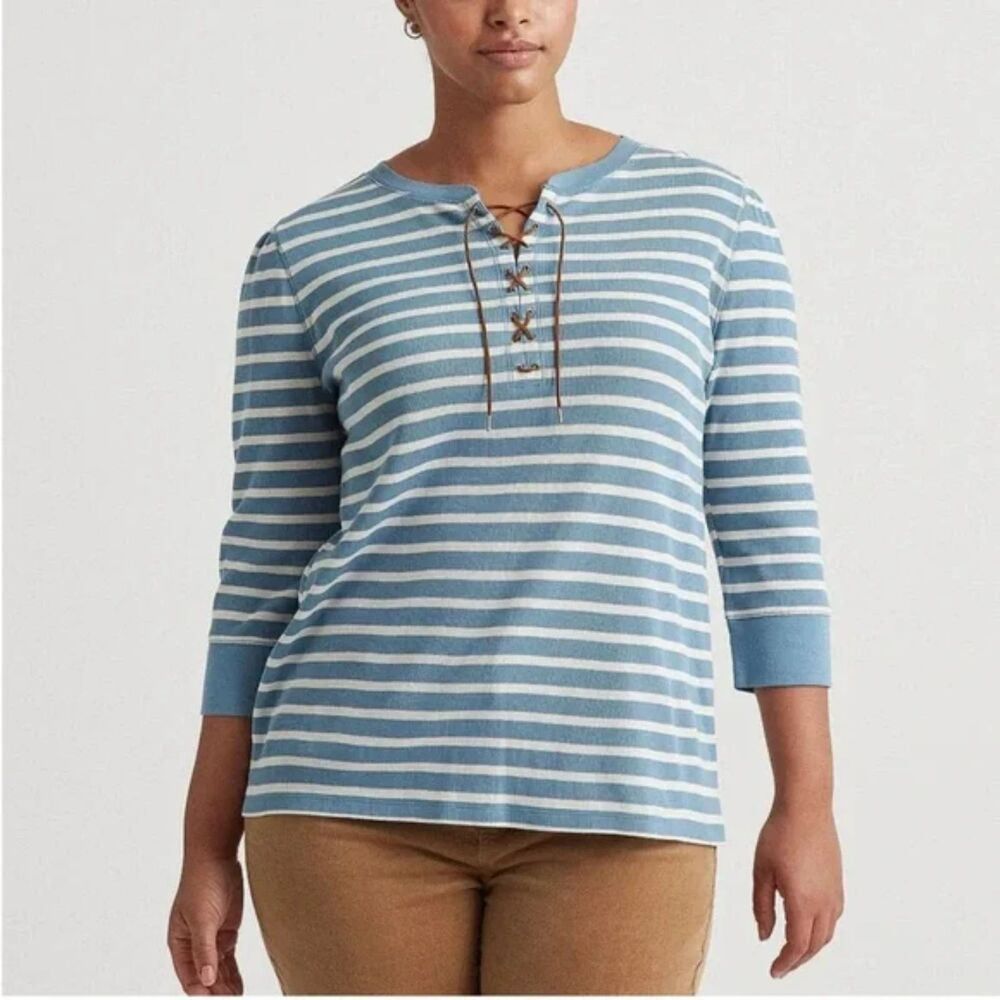 Lauren Ralph Lauren Feliso Striped Waffle Knit Lace Up Nautical Top Size XL